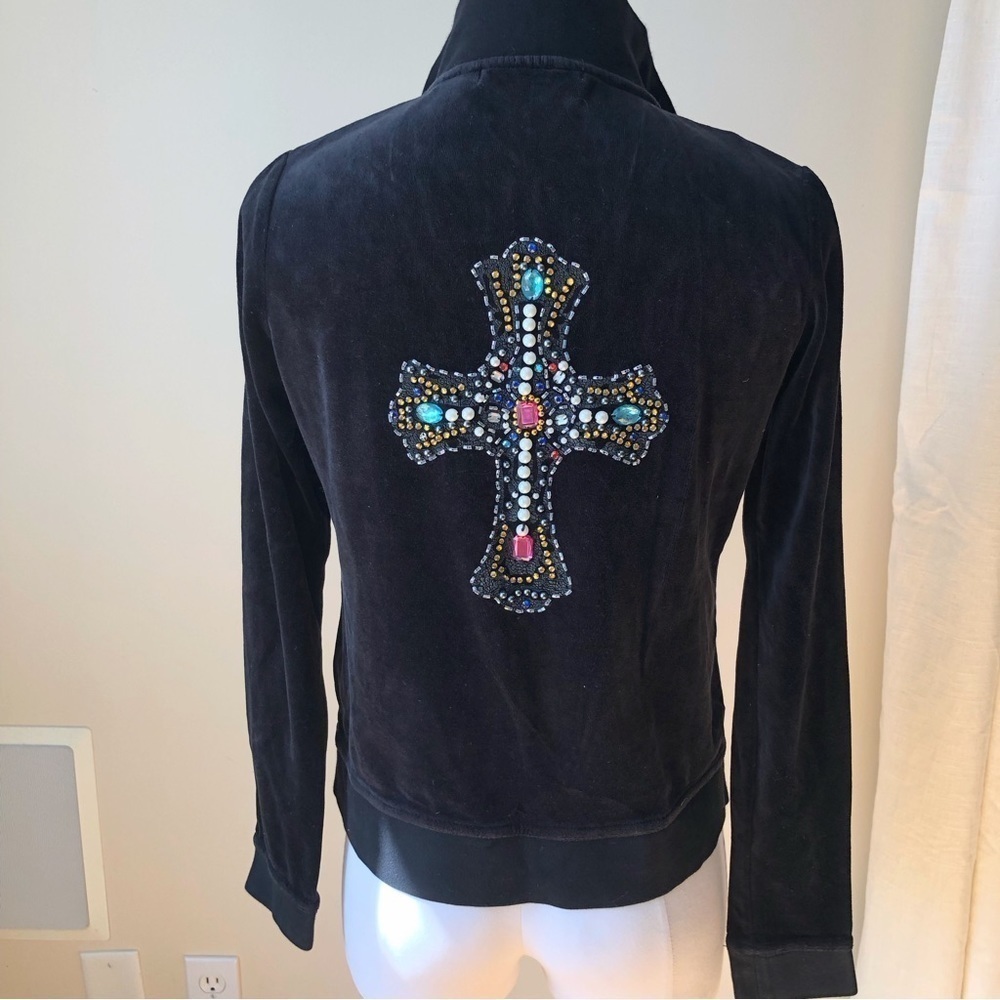Vertigo black velour Y2K bedazzled embellished cross zip up jacket S